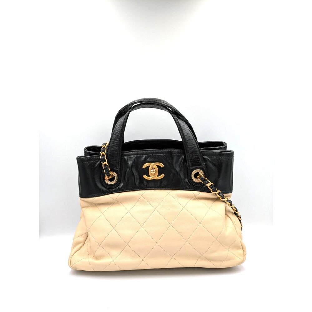 Pre-owned Chanel Calfskin Quilted In-The-Mix Small Shopping Tote Beige Black